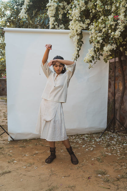 Ruched Blouse & Layered Skirt by Lafaani with 100% pure cotton, Casual Wear, Dress Sets, Kora, Natural with azo free dyes, Organic, Regular Fit, Solids, Sonder, Sonder by Lafaani, Womenswear at Kamakhyaa for sustainable fashion