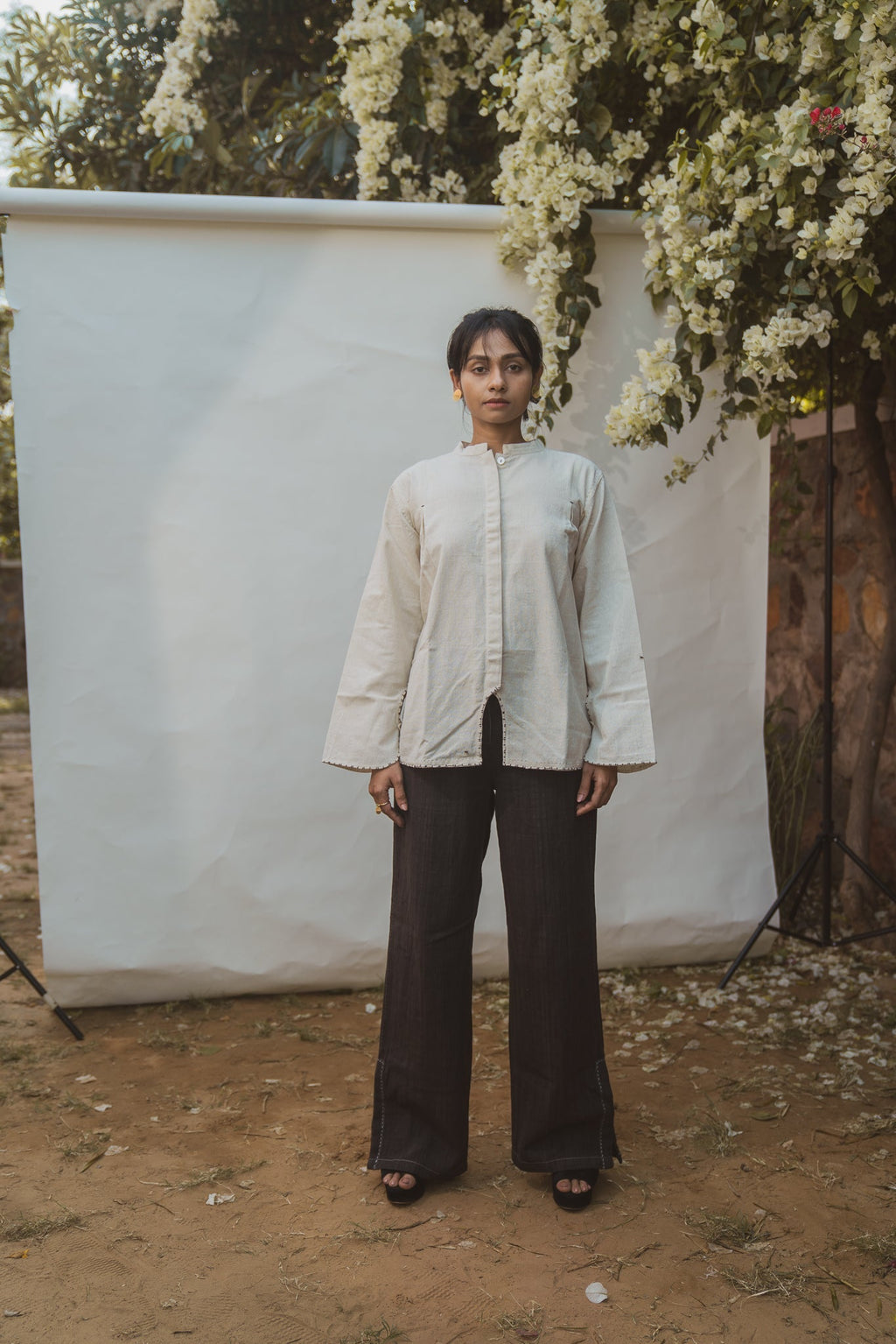 Mandarin Collar Blouse by Lafaani with 100% pure cotton, Blouses, Casual Wear, Kora, Organic, Regular Fit, Solids, Sonder, Sonder by Lafaani, Undyed and Unbleached, Womenswear at Kamakhyaa for sustainable fashion