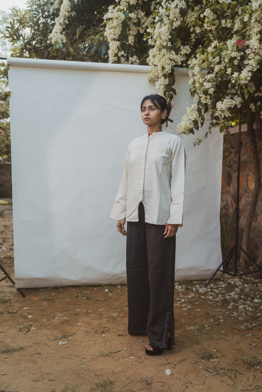 Mandarin Collar Blouse by Lafaani with 100% pure cotton, Blouses, Casual Wear, Kora, Organic, Regular Fit, Solids, Sonder, Sonder by Lafaani, Undyed and Unbleached, Womenswear at Kamakhyaa for sustainable fashion
