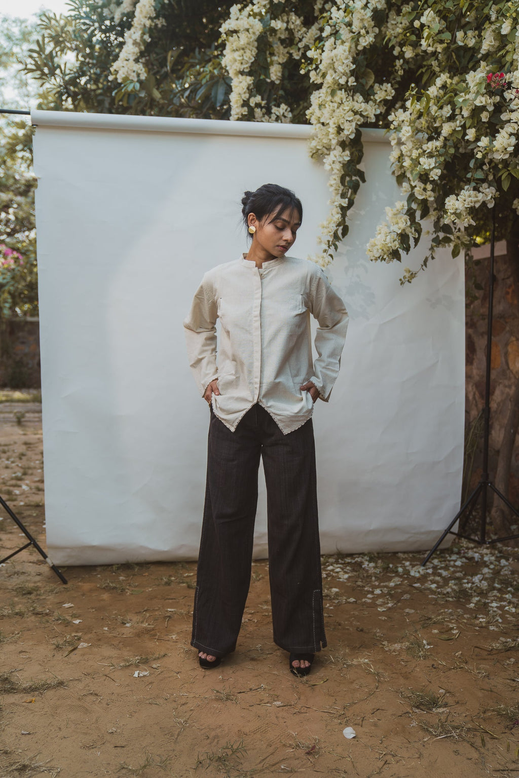 Mandarin Collar Blouse by Lafaani with 100% pure cotton, Blouses, Casual Wear, Kora, Organic, Regular Fit, Solids, Sonder, Sonder by Lafaani, Undyed and Unbleached, Womenswear at Kamakhyaa for sustainable fashion
