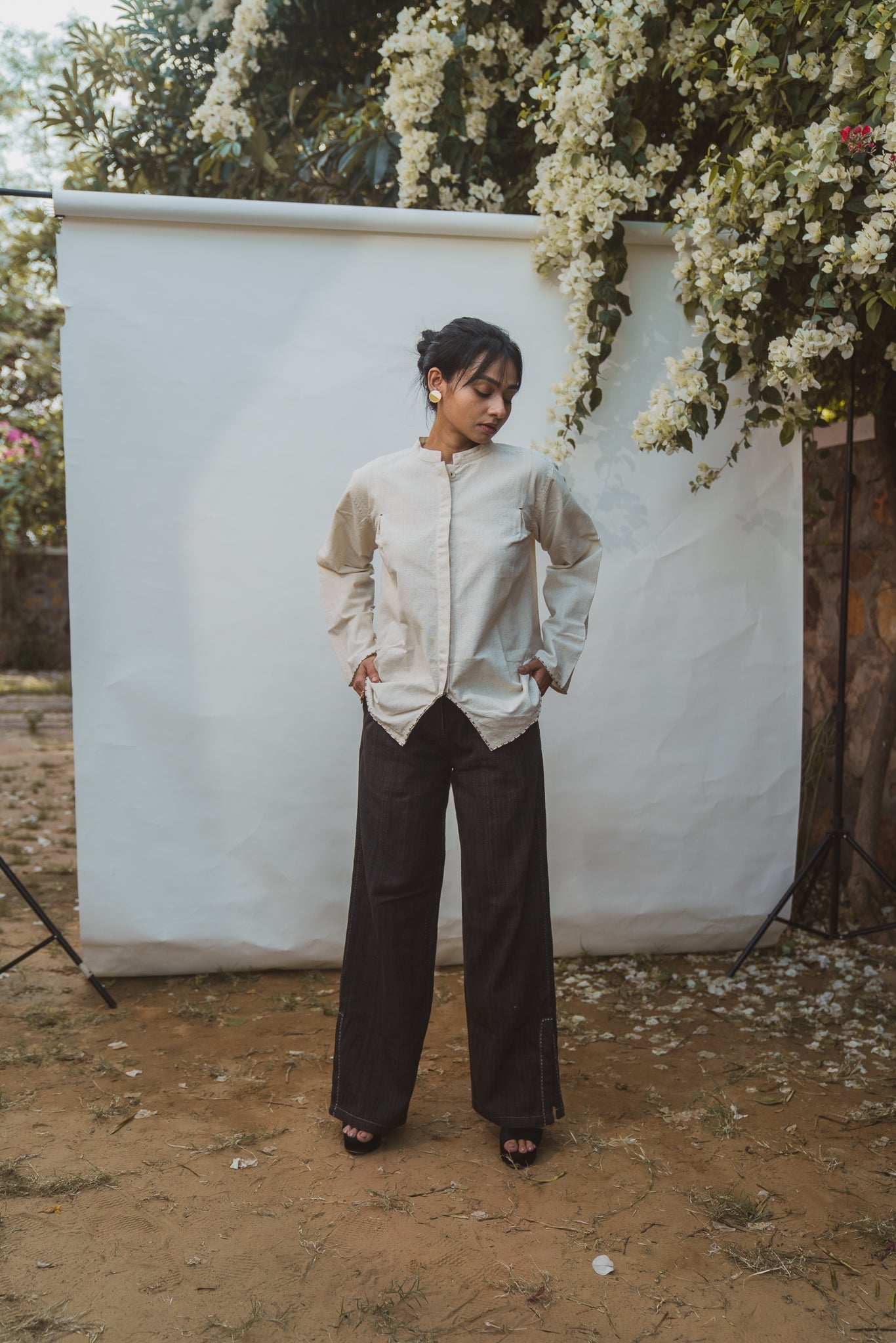 Mandarin Collar Blouse by Lafaani with 100% pure cotton, Blouses, Casual Wear, Kora, Organic, Regular Fit, Solids, Sonder, Sonder by Lafaani, Undyed and Unbleached, Womenswear at Kamakhyaa for sustainable fashion