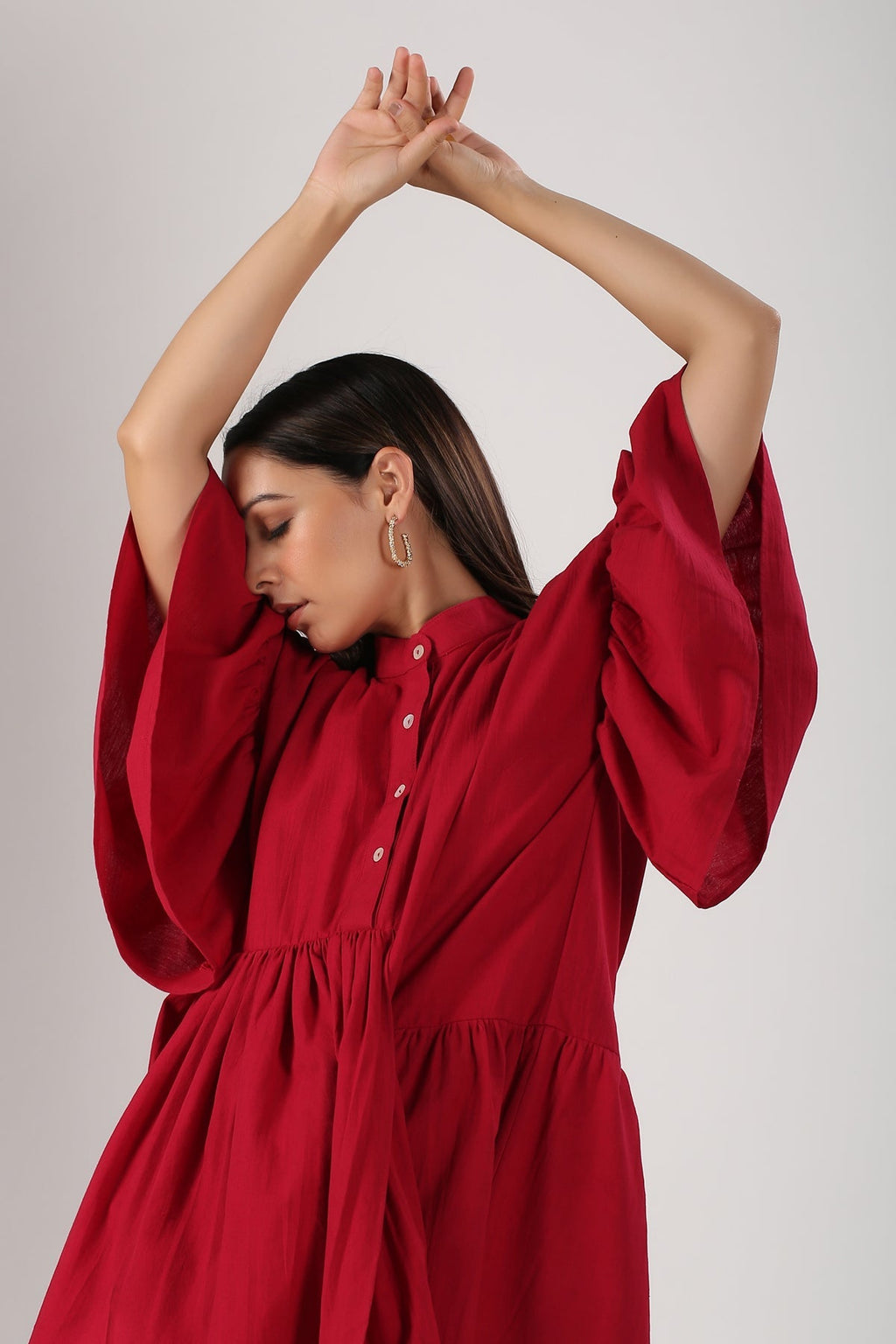 Red Cotton Mini Dress by MOH-The Eternal Dhaga with Casual Wear, Cotton, Cotton Slub, Mini Dresses, Moh-The eternal Dhaga, Natural, Red, Relaxed Fit, Shirt Dresses, Solids, Womenswear at Kamakhyaa for sustainable fashion