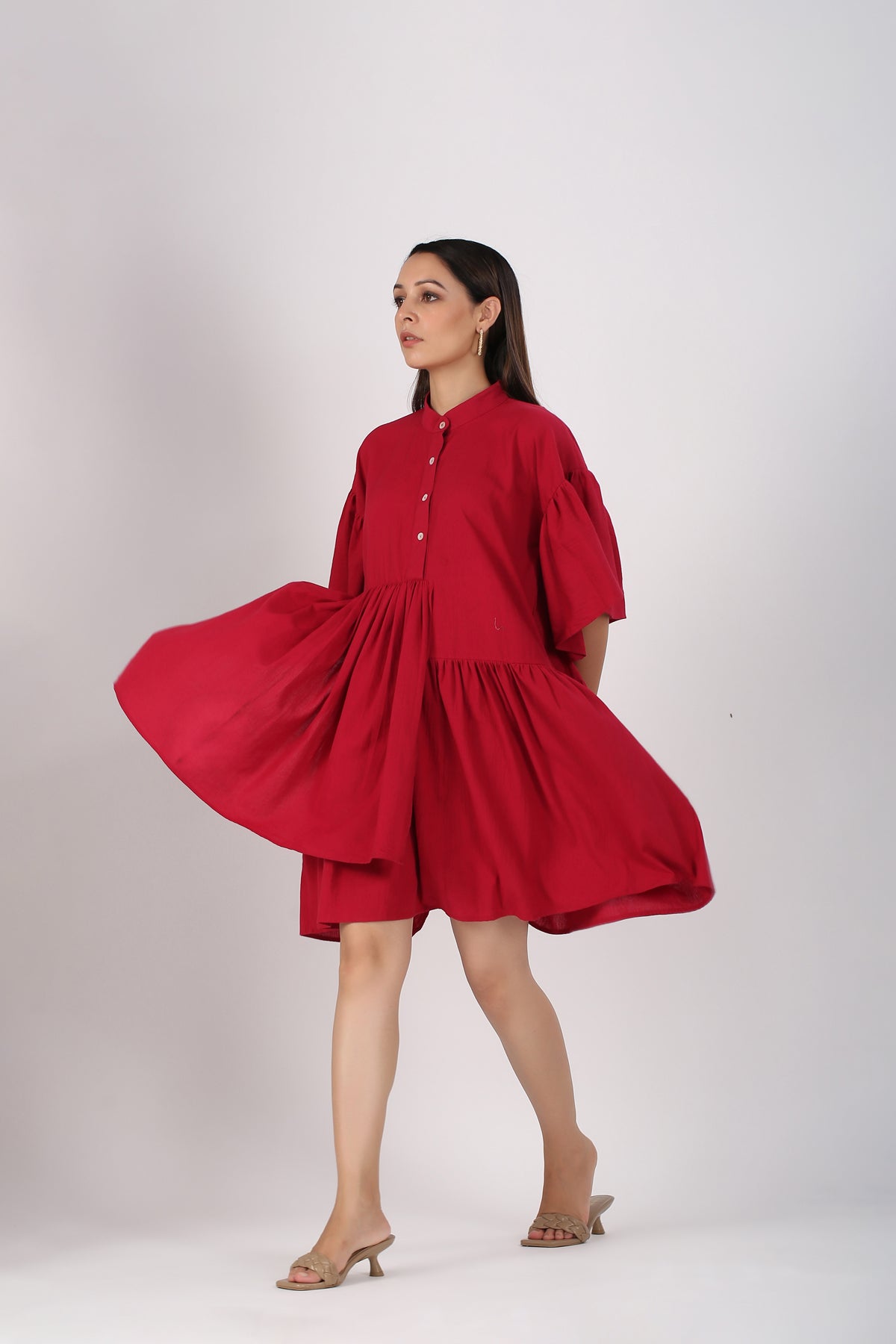 Red Cotton Mini Dress by MOH-The Eternal Dhaga with Casual Wear, Cotton, Cotton Slub, Mini Dresses, Moh-The eternal Dhaga, Natural, Red, Relaxed Fit, Shirt Dresses, Solids, Womenswear at Kamakhyaa for sustainable fashion