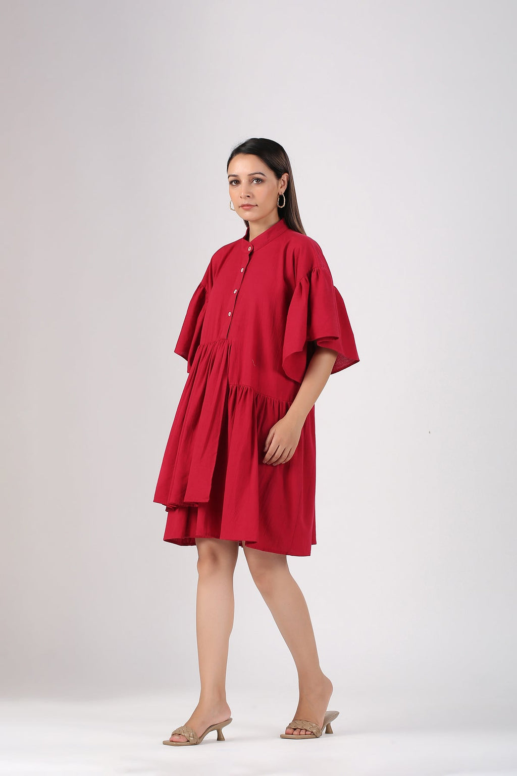 Red Cotton Mini Dress by MOH-The Eternal Dhaga with Casual Wear, Cotton, Cotton Slub, Mini Dresses, Moh-The eternal Dhaga, Natural, Red, Relaxed Fit, Shirt Dresses, Solids, Womenswear at Kamakhyaa for sustainable fashion