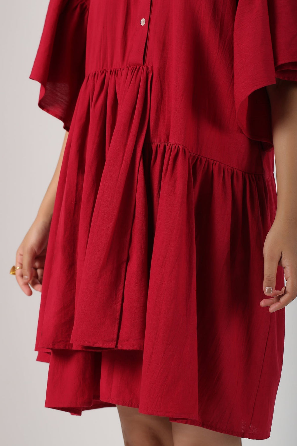 Red Cotton Mini Dress by MOH-The Eternal Dhaga with Casual Wear, Cotton, Cotton Slub, Mini Dresses, Moh-The eternal Dhaga, Natural, Red, Relaxed Fit, Shirt Dresses, Solids, Womenswear at Kamakhyaa for sustainable fashion