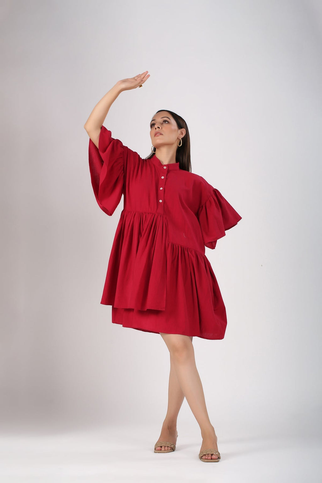 Red Cotton Mini Dress by MOH-The Eternal Dhaga with Casual Wear, Cotton, Cotton Slub, Mini Dresses, Moh-The eternal Dhaga, Natural, Red, Relaxed Fit, Shirt Dresses, Solids, Womenswear at Kamakhyaa for sustainable fashion