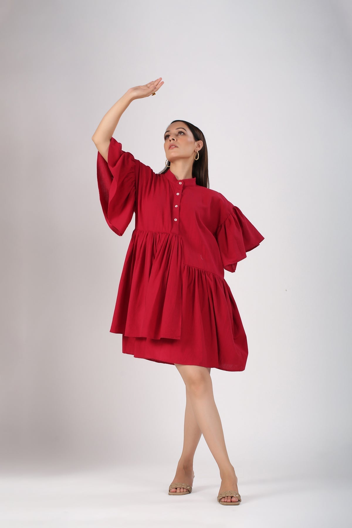 Red Cotton Mini Dress by MOH-The Eternal Dhaga with Casual Wear, Cotton, Cotton Slub, Mini Dresses, Moh-The eternal Dhaga, Natural, Red, Relaxed Fit, Shirt Dresses, Solids, Womenswear at Kamakhyaa for sustainable fashion