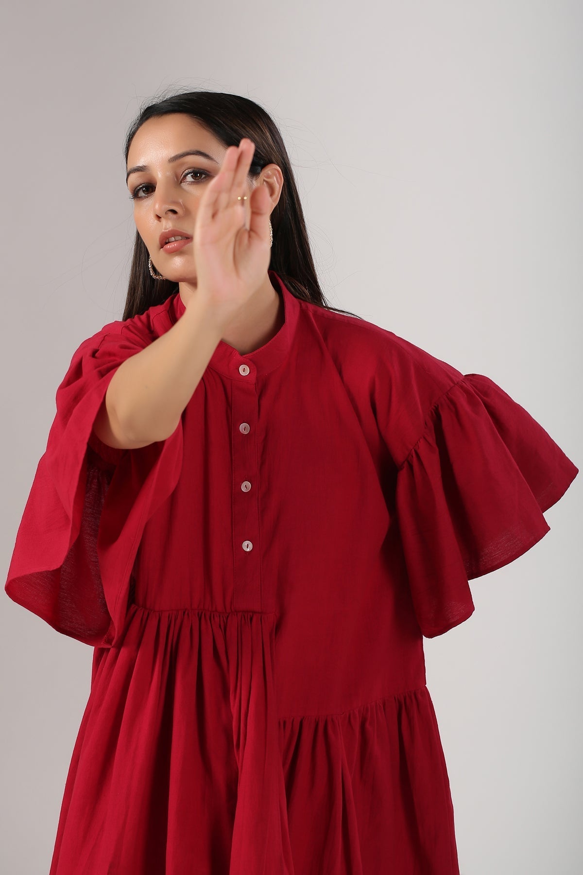 Red Cotton Mini Dress by MOH-The Eternal Dhaga with Casual Wear, Cotton, Cotton Slub, Mini Dresses, Moh-The eternal Dhaga, Natural, Red, Relaxed Fit, Shirt Dresses, Solids, Womenswear at Kamakhyaa for sustainable fashion