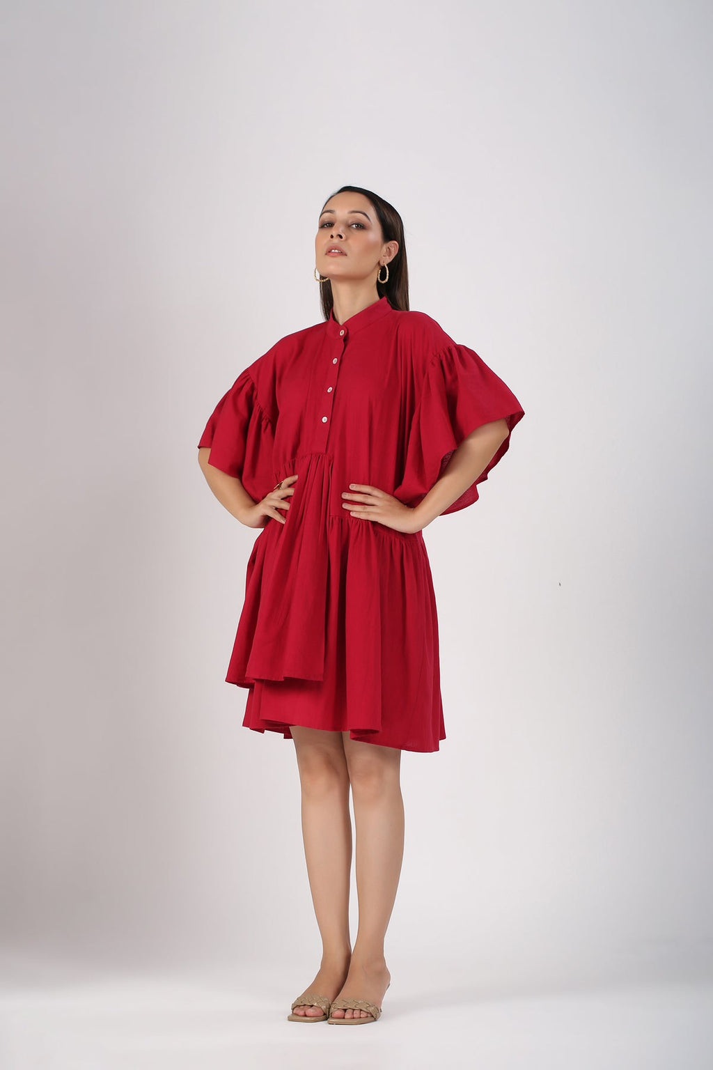 Red Cotton Mini Dress by MOH-The Eternal Dhaga with Casual Wear, Cotton, Cotton Slub, Mini Dresses, Moh-The eternal Dhaga, Natural, Red, Relaxed Fit, Shirt Dresses, Solids, Womenswear at Kamakhyaa for sustainable fashion