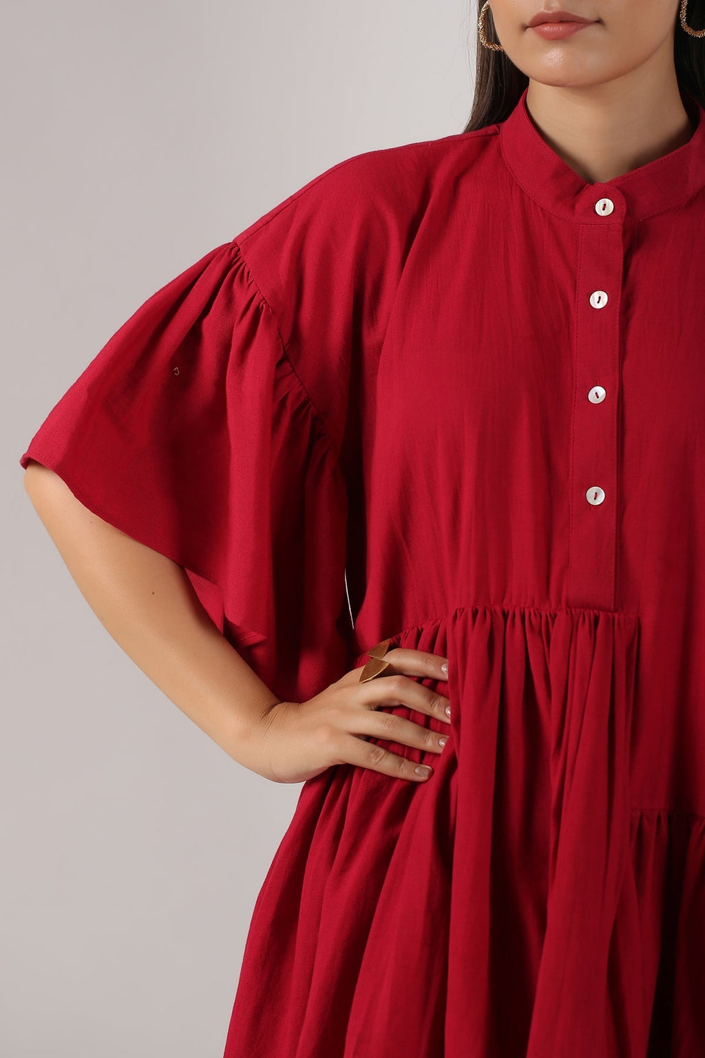Red Cotton Mini Dress by MOH-The Eternal Dhaga with Casual Wear, Cotton, Cotton Slub, Mini Dresses, Moh-The eternal Dhaga, Natural, Red, Relaxed Fit, Shirt Dresses, Solids, Womenswear at Kamakhyaa for sustainable fashion
