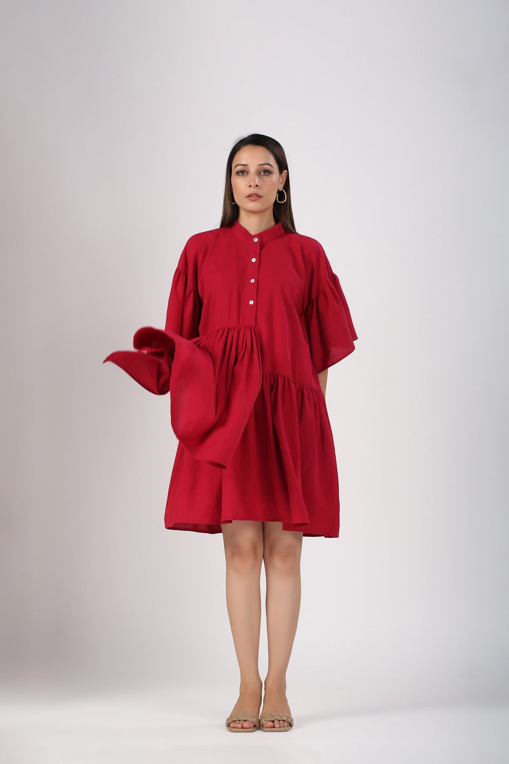 Red Cotton Mini Dress by MOH-The Eternal Dhaga with Casual Wear, Cotton, Cotton Slub, Mini Dresses, Moh-The eternal Dhaga, Natural, Red, Relaxed Fit, Shirt Dresses, Solids, Womenswear at Kamakhyaa for sustainable fashion