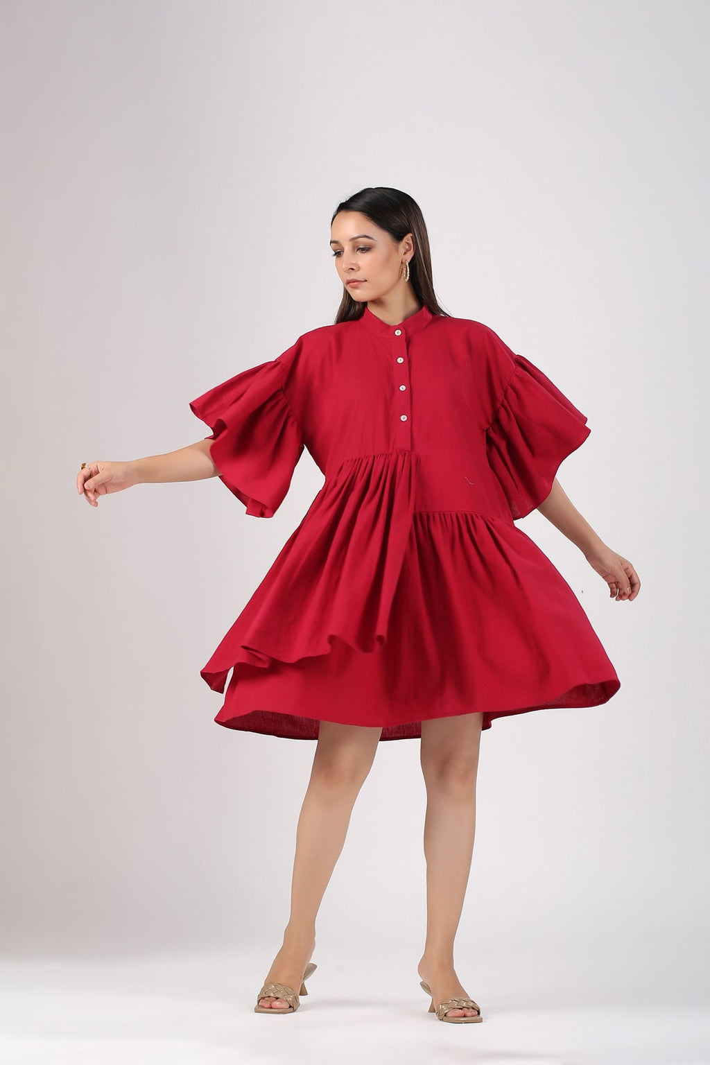 Red Cotton Mini Dress by MOH-The Eternal Dhaga with Casual Wear, Cotton, Cotton Slub, Mini Dresses, Moh-The eternal Dhaga, Natural, Red, Relaxed Fit, Shirt Dresses, Solids, Womenswear at Kamakhyaa for sustainable fashion