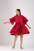 Red Cotton Mini Dress by MOH-The Eternal Dhaga with Casual Wear, Cotton, Cotton Slub, Mini Dresses, Moh-The eternal Dhaga, Natural, Red, Relaxed Fit, Shirt Dresses, Solids, Womenswear at Kamakhyaa for sustainable fashion