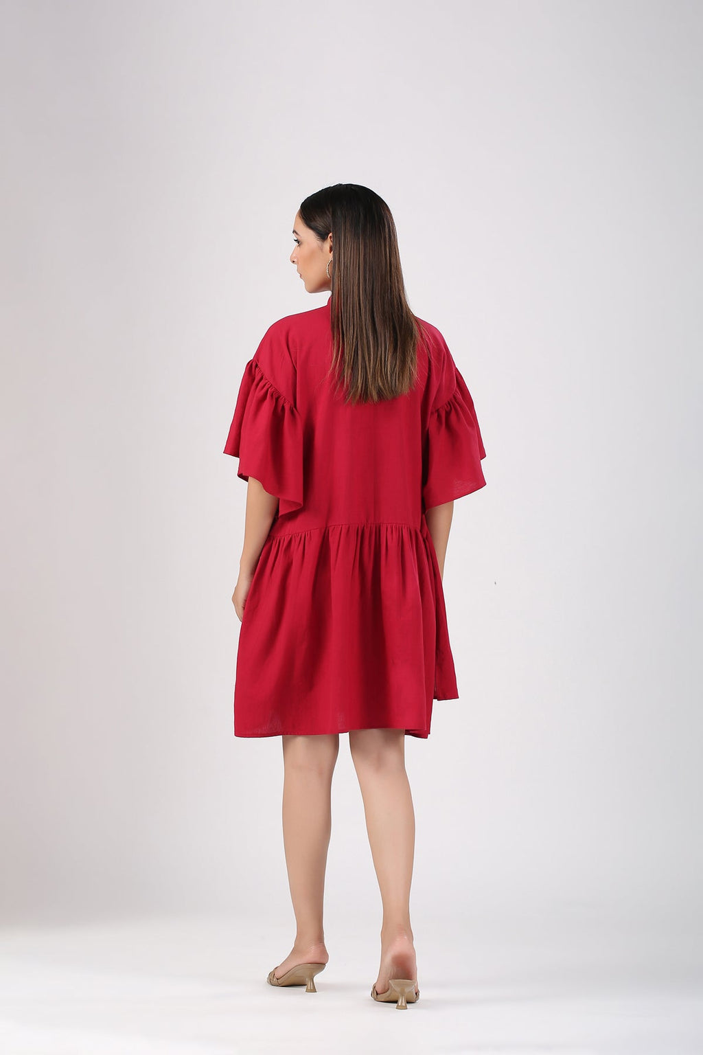 Red Cotton Mini Dress by MOH-The Eternal Dhaga with Casual Wear, Cotton, Cotton Slub, Mini Dresses, Moh-The eternal Dhaga, Natural, Red, Relaxed Fit, Shirt Dresses, Solids, Womenswear at Kamakhyaa for sustainable fashion