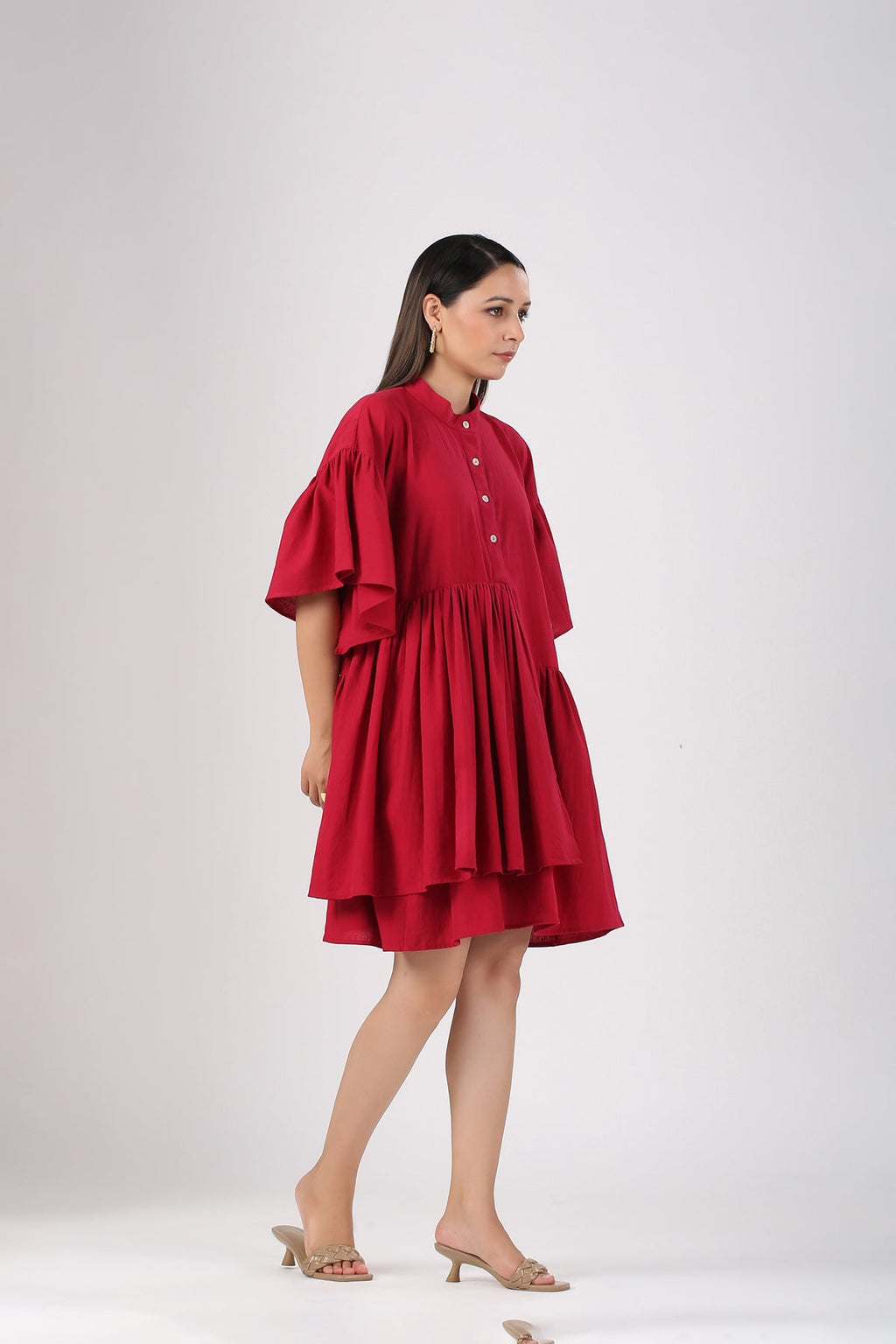 Red Cotton Mini Dress by MOH-The Eternal Dhaga with Casual Wear, Cotton, Cotton Slub, Mini Dresses, Moh-The eternal Dhaga, Natural, Red, Relaxed Fit, Shirt Dresses, Solids, Womenswear at Kamakhyaa for sustainable fashion