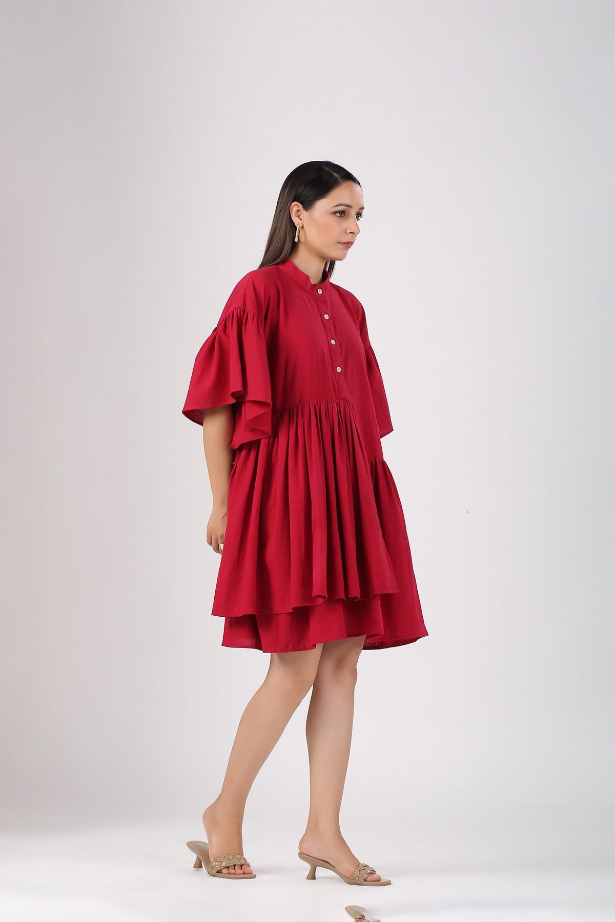 Red Cotton Mini Dress by MOH-The Eternal Dhaga with Casual Wear, Cotton, Cotton Slub, Mini Dresses, Moh-The eternal Dhaga, Natural, Red, Relaxed Fit, Shirt Dresses, Solids, Womenswear at Kamakhyaa for sustainable fashion