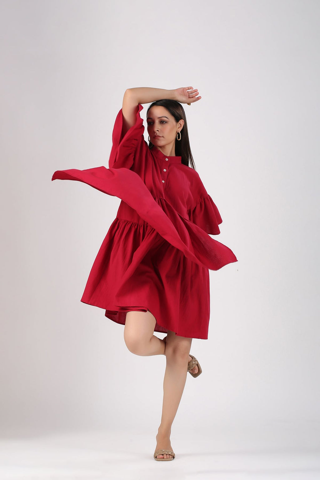 Red Cotton Mini Dress by MOH-The Eternal Dhaga with Casual Wear, Cotton, Cotton Slub, Mini Dresses, Moh-The eternal Dhaga, Natural, Red, Relaxed Fit, Shirt Dresses, Solids, Womenswear at Kamakhyaa for sustainable fashion