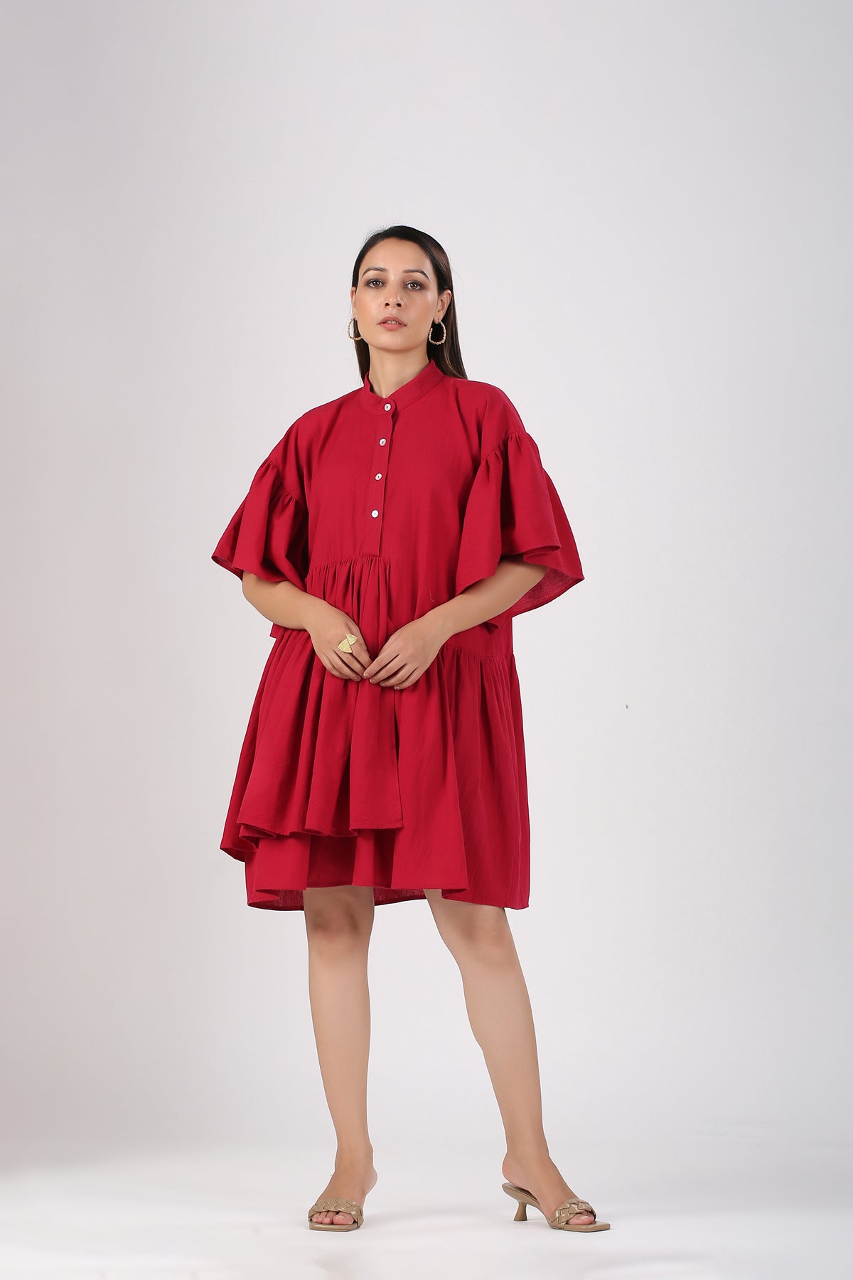 Red Cotton Mini Dress by MOH-The Eternal Dhaga with Casual Wear, Cotton, Cotton Slub, Mini Dresses, Moh-The eternal Dhaga, Natural, Red, Relaxed Fit, Shirt Dresses, Solids, Womenswear at Kamakhyaa for sustainable fashion