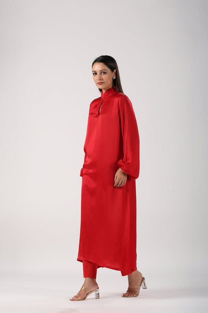 Red Satin Suit by MOH-The Eternal Dhaga with Cotton, Festive Wear, Kurta pant With Duppatta, Moh-The eternal Dhaga, Natural, Red, Relaxed Fit, Solids, Womenswear at Kamakhyaa for sustainable fashion