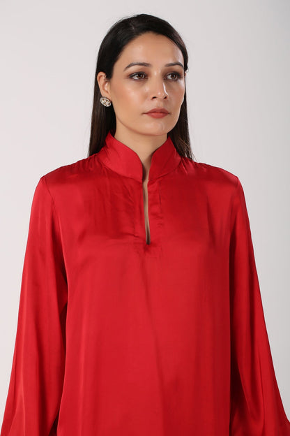 Red Satin Suit by MOH-The Eternal Dhaga with Cotton, Festive Wear, Kurta pant With Duppatta, Moh-The eternal Dhaga, Natural, Red, Relaxed Fit, Solids, Womenswear at Kamakhyaa for sustainable fashion