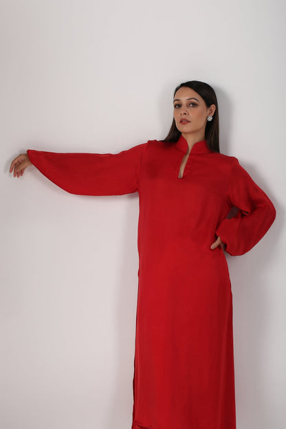 Red Satin Suit by MOH-The Eternal Dhaga with Cotton, Festive Wear, Kurta pant With Duppatta, Moh-The eternal Dhaga, Natural, Red, Relaxed Fit, Solids, Womenswear at Kamakhyaa for sustainable fashion