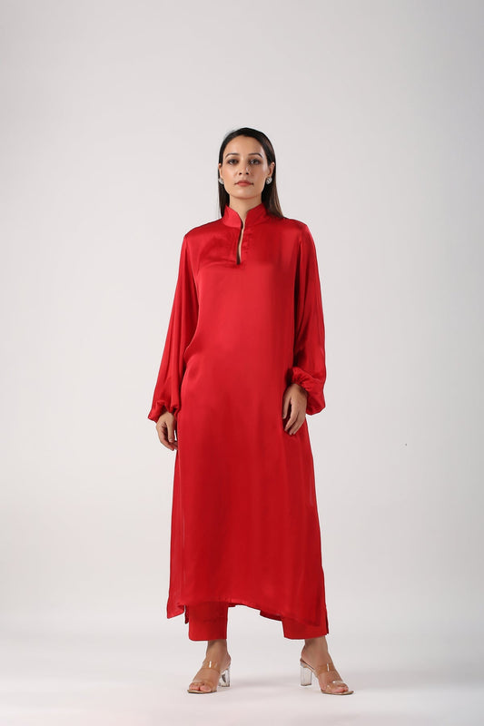 Red Satin Suit by MOH-The Eternal Dhaga with Cotton, Festive Wear, Kurta pant With Duppatta, Moh-The eternal Dhaga, Natural, Red, Relaxed Fit, Solids, Womenswear at Kamakhyaa for sustainable fashion