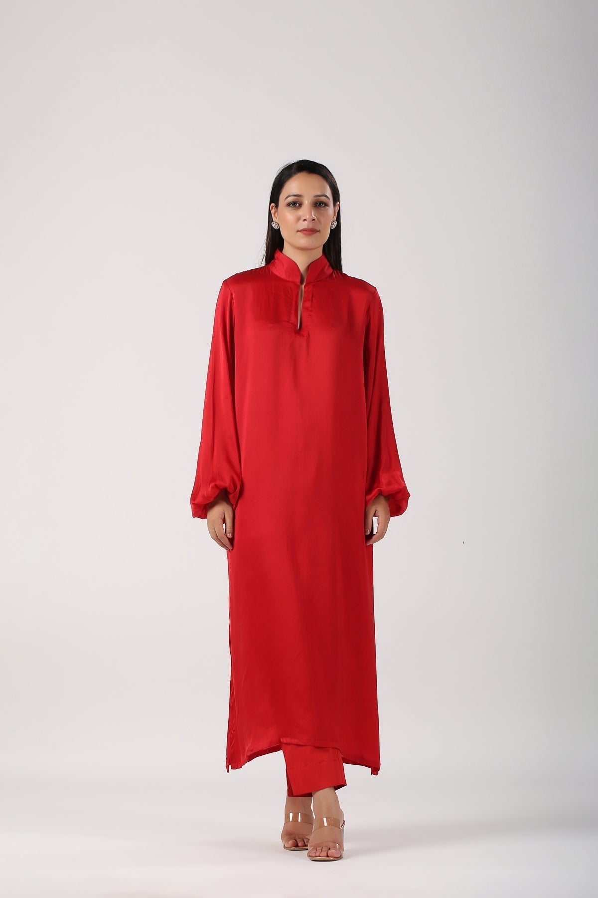 Red Satin Suit by MOH-The Eternal Dhaga with Cotton, Festive Wear, Kurta pant With Duppatta, Moh-The eternal Dhaga, Natural, Red, Relaxed Fit, Solids, Womenswear at Kamakhyaa for sustainable fashion