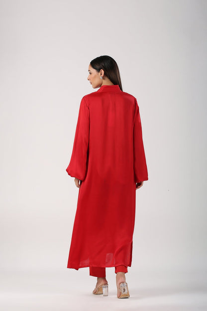 Red Satin Suit by MOH-The Eternal Dhaga with Cotton, Festive Wear, Kurta pant With Duppatta, Moh-The eternal Dhaga, Natural, Red, Relaxed Fit, Solids, Womenswear at Kamakhyaa for sustainable fashion