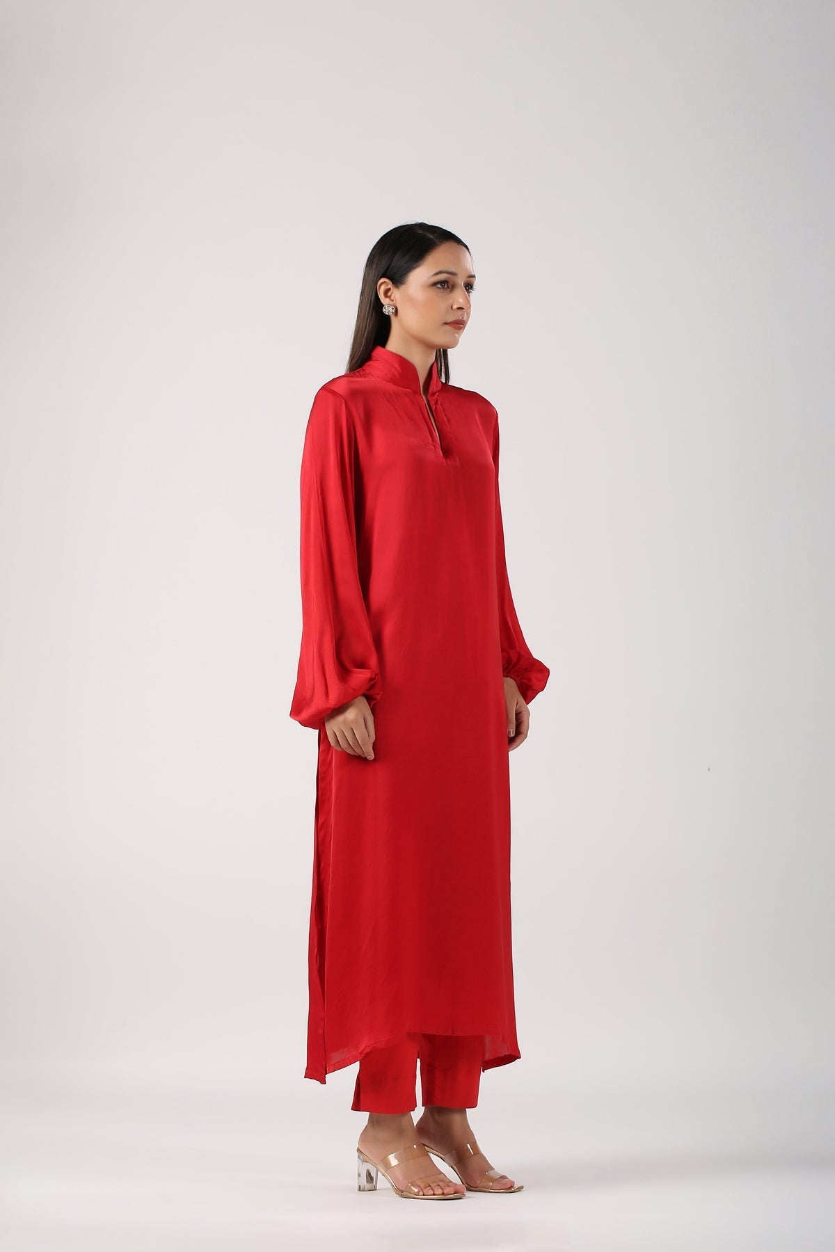 Red Satin Suit by MOH-The Eternal Dhaga with Cotton, Festive Wear, Kurta pant With Duppatta, Moh-The eternal Dhaga, Natural, Red, Relaxed Fit, Solids, Womenswear at Kamakhyaa for sustainable fashion