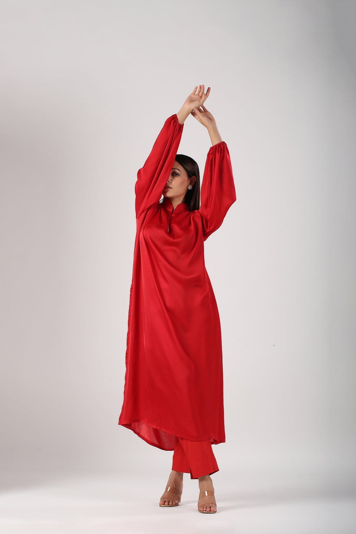 Red Satin Suit by MOH-The Eternal Dhaga with Cotton, Festive Wear, Kurta pant With Duppatta, Moh-The eternal Dhaga, Natural, Red, Relaxed Fit, Solids, Womenswear at Kamakhyaa for sustainable fashion