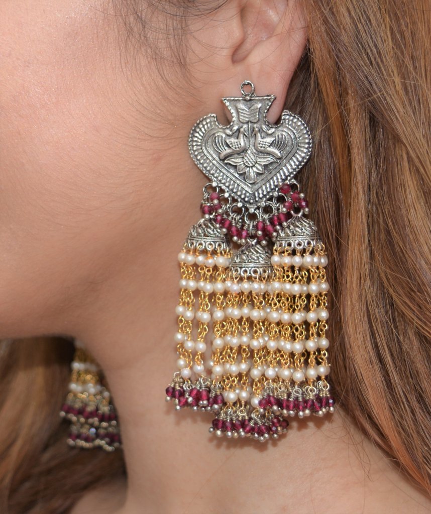 Red Jhumkas Genda Ladi by House Of Heer with Alloy Metal, Festive Jewellery, Festive Wear, Free Size, jewelry, July Sale, July Sale 2023, Long Earrings, Pearl, Red, Solids, Textured at Kamakhyaa for sustainable fashion