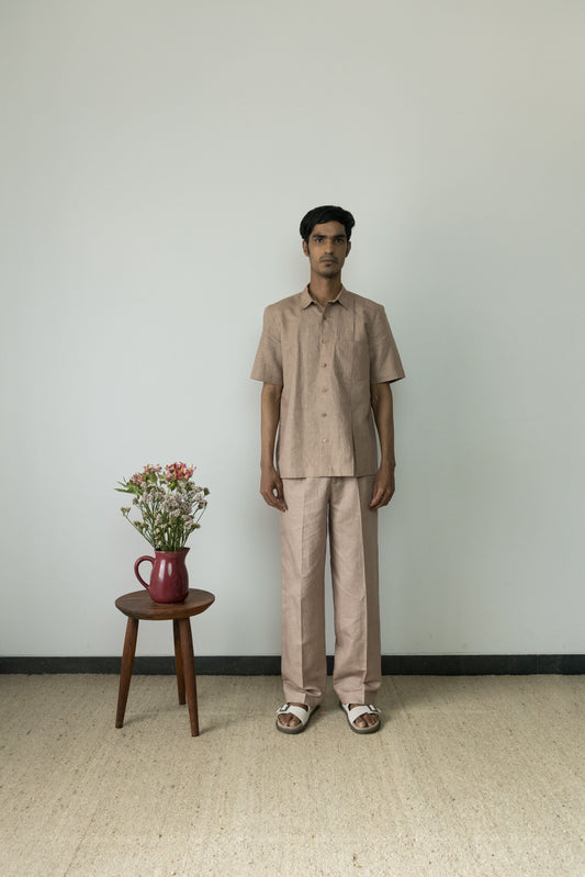 Sunset Rose Pleated Shirt by Anushé Pirani with Beige, Casual Wear, Cotton, Cotton Hemp, For Him, Handwoven, Hemp, Menswear, Regular Fit, Shibumi Collection, Shirts, Solids, Tops at Kamakhyaa for sustainable fashion