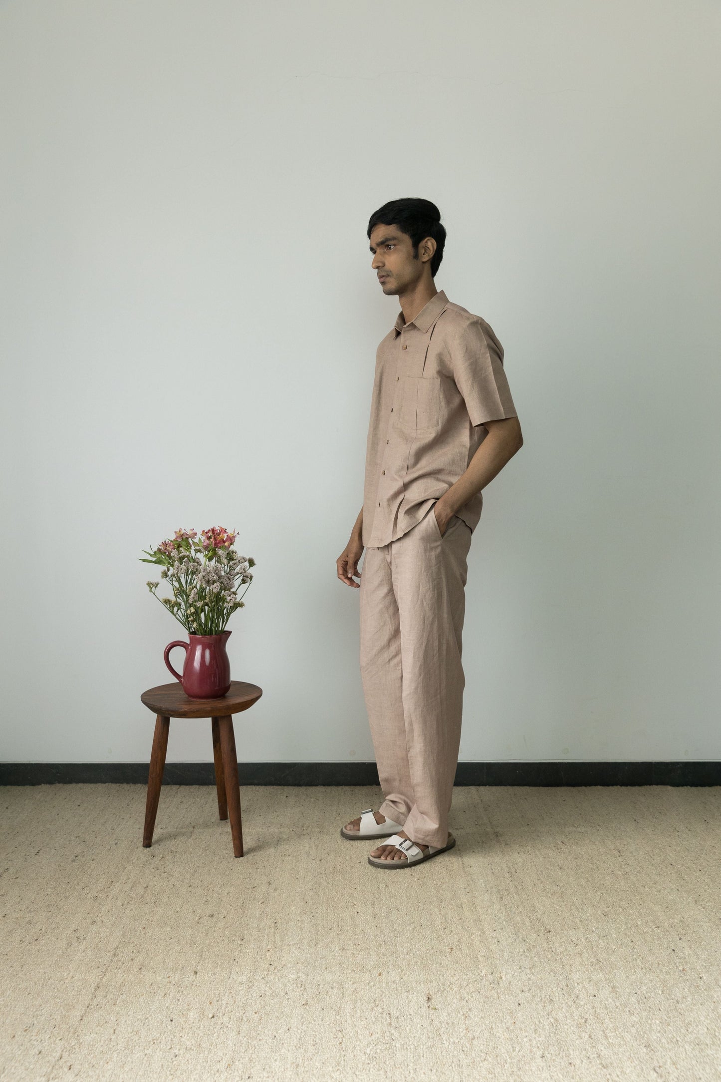 Sunset Rose Pleated Shirt by Anushé Pirani with Beige, Casual Wear, Cotton, Cotton Hemp, For Him, Handwoven, Hemp, Menswear, Regular Fit, Shibumi Collection, Shirts, Solids, Tops at Kamakhyaa for sustainable fashion