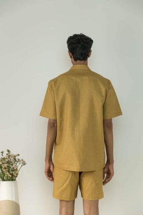 Almond Yellow Shacket by Anushé Pirani with Best Selling, Casual Wear, Cotton, Cotton Hemp, For Him, For Siblings, Handwoven, Hemp, Jackets, Mens Overlay, Menswear, Overlays, Relaxed Fit, Shibumi Collection, Solids, Yellow at Kamakhyaa for sustainable fashion
