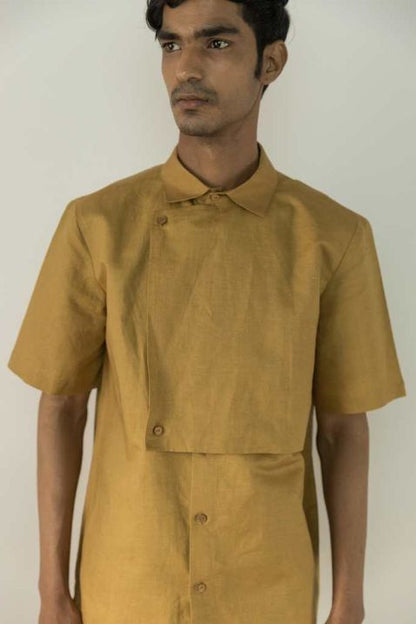 Almond Yellow Shacket by Anushé Pirani with Best Selling, Casual Wear, Cotton, Cotton Hemp, For Him, For Siblings, Handwoven, Hemp, Jackets, Mens Overlay, Menswear, Overlays, Relaxed Fit, Shibumi Collection, Solids, Yellow at Kamakhyaa for sustainable fashion