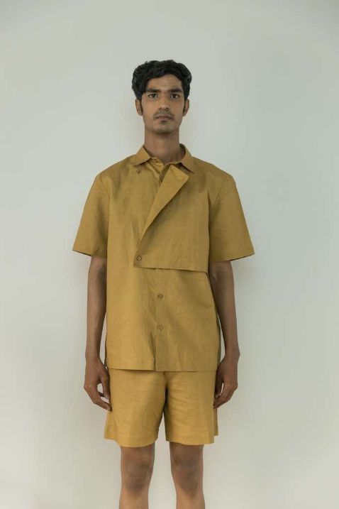 Almond Yellow Shacket by Anushé Pirani with Best Selling, Casual Wear, Cotton, Cotton Hemp, For Him, For Siblings, Handwoven, Hemp, Jackets, Mens Overlay, Menswear, Overlays, Relaxed Fit, Shibumi Collection, Solids, Yellow at Kamakhyaa for sustainable fashion