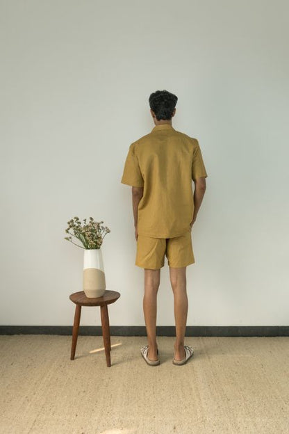 Almond Yellow Shacket by Anushé Pirani with Best Selling, Casual Wear, Cotton, Cotton Hemp, For Him, For Siblings, Handwoven, Hemp, Jackets, Mens Overlay, Menswear, Overlays, Relaxed Fit, Shibumi Collection, Solids, Yellow at Kamakhyaa for sustainable fashion