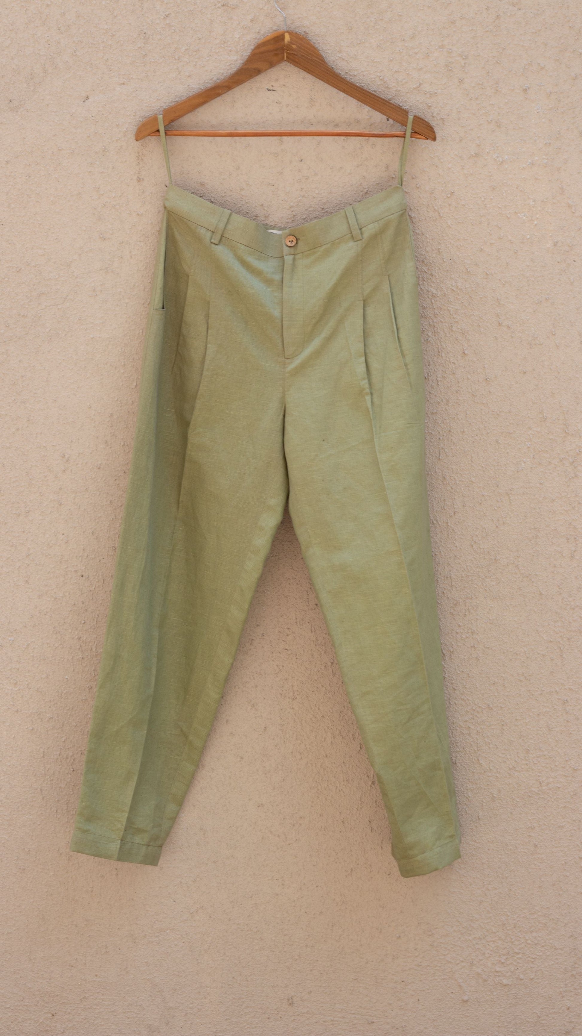 Green Casual Pants by Anushé Pirani with Casual Wear, Cotton, Cotton Hemp, For Him, Green, Handwoven, Hemp, Mens Bottom, Menswear, Pants, Relaxed Fit, Shibumi Collection, Solids at Kamakhyaa for sustainable fashion