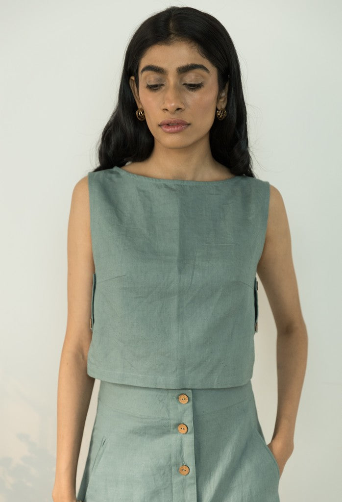 Blue Crop Top by Anushé Pirani with Best Selling, Blouses, Blue, Casual Wear, Cotton, Cotton Hemp, Crop Tops, Handwoven, Hemp, Regular Fit, Shibumi Collection, Solids, Womenswear at Kamakhyaa for sustainable fashion