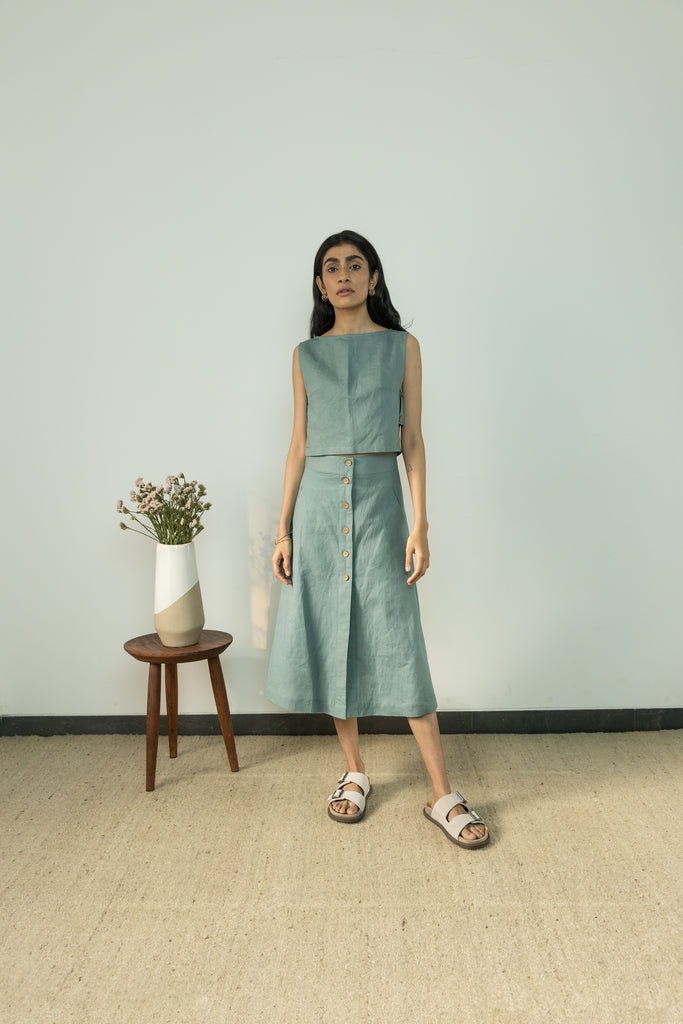 Blue Solid Midi Skirt by Anushé Pirani with Blue, Casual Wear, Cotton, Cotton Hemp, Handwoven, Hemp, Midi Skirts, Regular Fit, Shibumi Collection, Skirts, Solids, Womenswear at Kamakhyaa for sustainable fashion