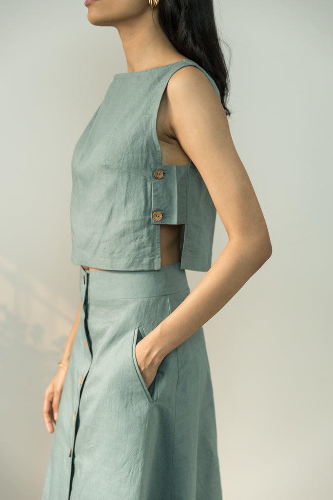 Blue Crop Top by Anushé Pirani with Best Selling, Blouses, Blue, Casual Wear, Cotton, Cotton Hemp, Crop Tops, Handwoven, Hemp, Regular Fit, Shibumi Collection, Solids, Womenswear at Kamakhyaa for sustainable fashion