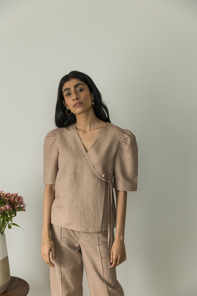 Sunset Rose Wrap Top by Anushé Pirani with Beige, Casual Wear, Cotton, Cotton Hemp, Handwoven, Hemp, Regular Fit, Shibumi Collection, Solids, Womenswear, Wrap Tops at Kamakhyaa for sustainable fashion