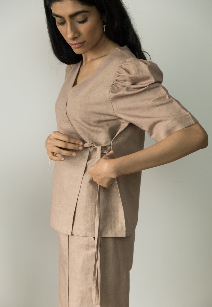Sunset Rose Wrap Top by Anushé Pirani with Beige, Casual Wear, Cotton, Cotton Hemp, Handwoven, Hemp, Regular Fit, Shibumi Collection, Solids, Womenswear, Wrap Tops at Kamakhyaa for sustainable fashion