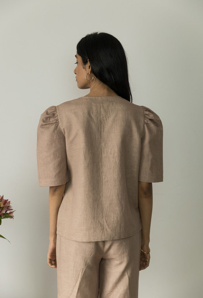 Sunset Rose Wrap Top by Anushé Pirani with Beige, Casual Wear, Cotton, Cotton Hemp, Handwoven, Hemp, Regular Fit, Shibumi Collection, Solids, Womenswear, Wrap Tops at Kamakhyaa for sustainable fashion