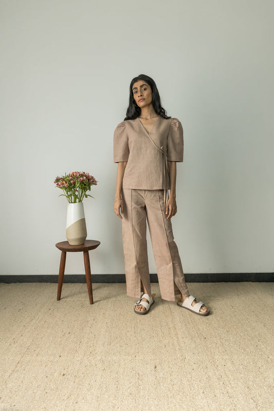 Sunset Rose Wrap Top by Anushé Pirani with Beige, Casual Wear, Cotton, Cotton Hemp, Handwoven, Hemp, Regular Fit, Shibumi Collection, Solids, Womenswear, Wrap Tops at Kamakhyaa for sustainable fashion