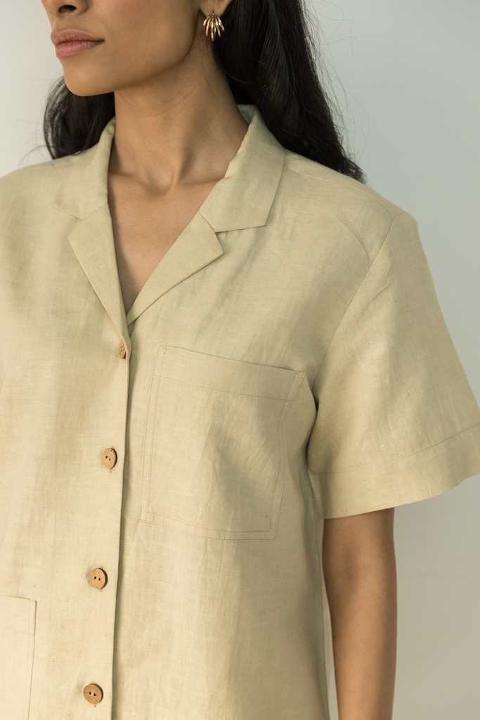 Beige Solid Cotton Shirt by Anushé Pirani with Beige, Casual Wear, Cotton, Cotton Hemp, Handwoven, Hemp, Relaxed Fit, Shibumi Collection, Shirts, Solids, Womenswear at Kamakhyaa for sustainable fashion