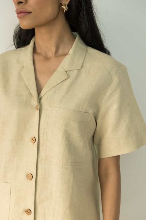Sunset Rose Casual Shirt by Anushé Pirani with Beige, Casual Wear, Cotton, Cotton Hemp, Handwoven, Hemp, Relaxed Fit, Shibumi Collection, Shirts, Solids, Womenswear at Kamakhyaa for sustainable fashion