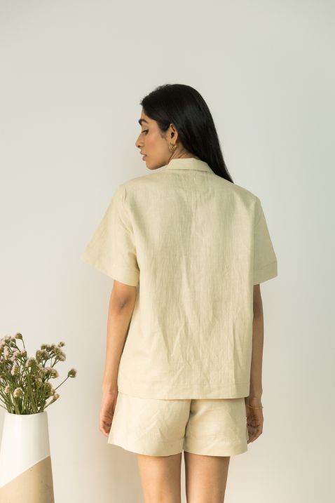 Sunset Rose Casual Shirt by Anushé Pirani with Beige, Casual Wear, Cotton, Cotton Hemp, Handwoven, Hemp, Relaxed Fit, Shibumi Collection, Shirts, Solids, Womenswear at Kamakhyaa for sustainable fashion