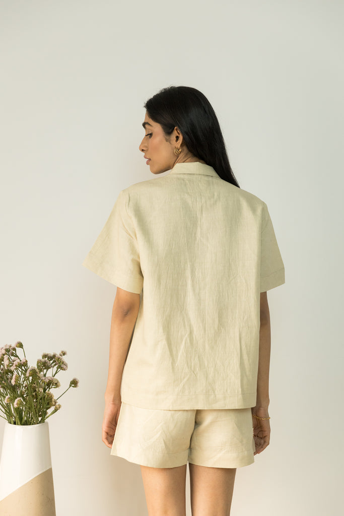 Beige Solid Cotton Shirt by Anushé Pirani with Beige, Casual Wear, Cotton, Cotton Hemp, Handwoven, Hemp, Relaxed Fit, Shibumi Collection, Shirts, Solids, Womenswear at Kamakhyaa for sustainable fashion