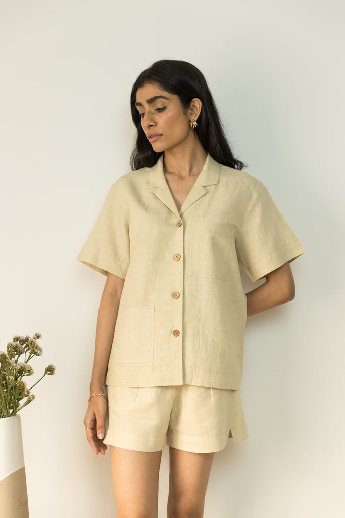 Beige Solid Cotton Shirt by Anushé Pirani with Beige, Casual Wear, Cotton, Cotton Hemp, Handwoven, Hemp, Relaxed Fit, Shibumi Collection, Shirts, Solids, Womenswear at Kamakhyaa for sustainable fashion
